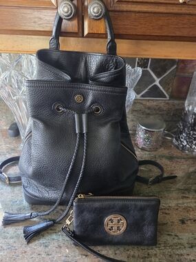 Tory Burch Black Pebbled Leather Drawstring Backpack with Wristlet